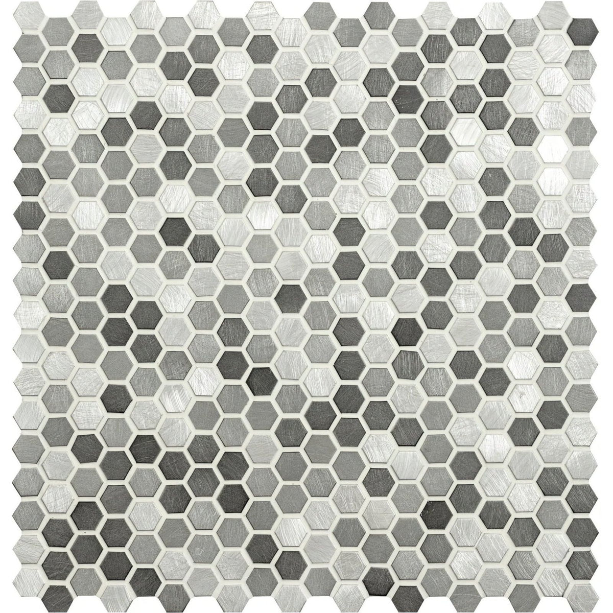 Anthe grey mix micro aluminium hexagon mosaic tile with metallic silver and dark gray brushed finish
