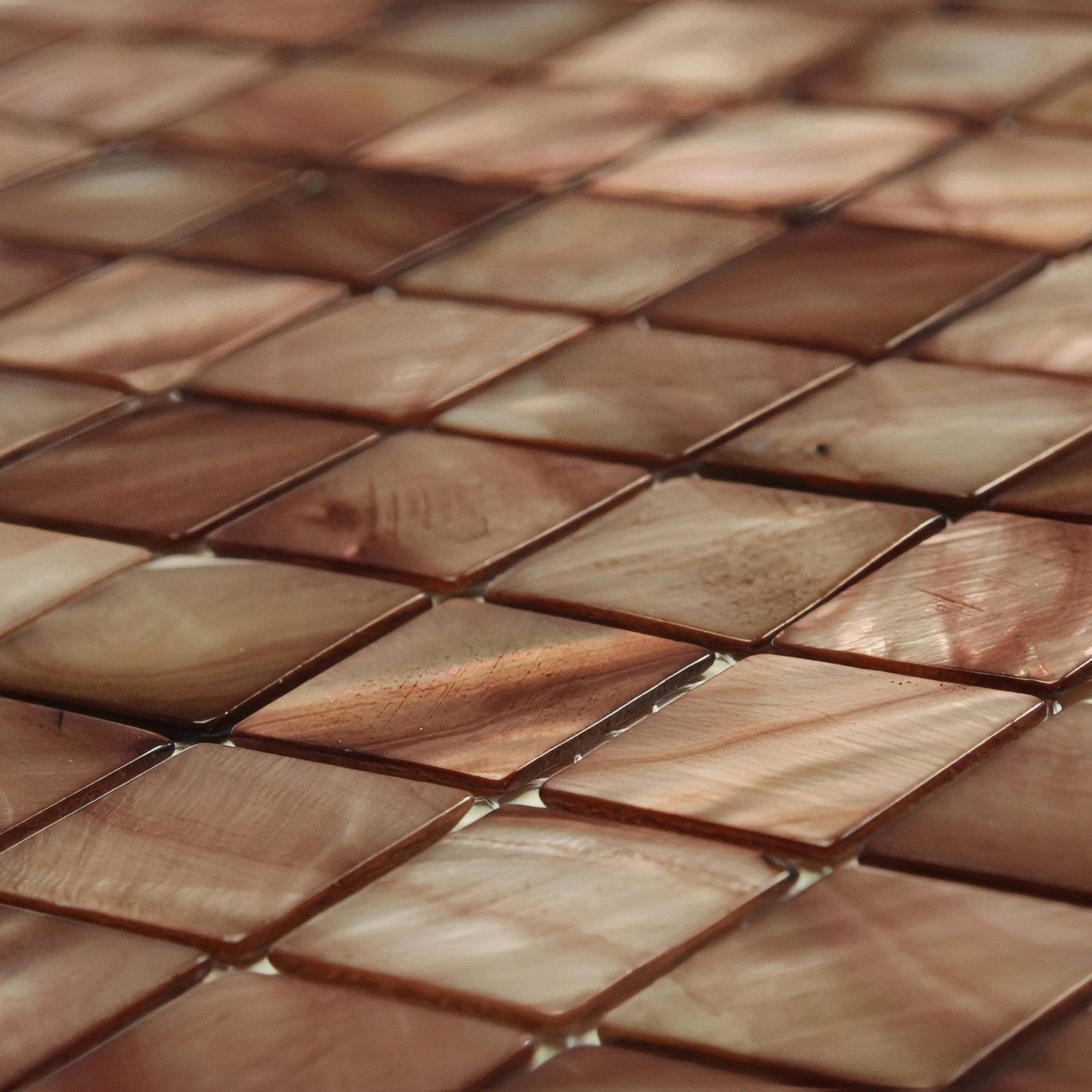 Antique brass 25mm square brown iridescent mother of pearl mosaic tiles arranged in a diamond pattern