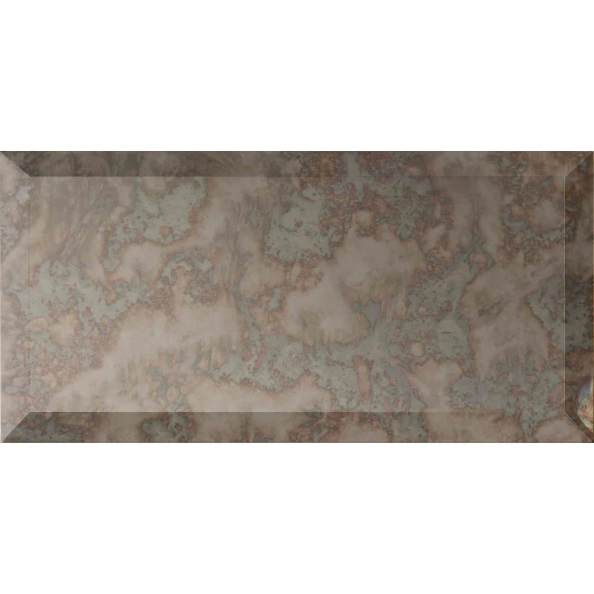 Rectangular antique mirror bevel tile with mottled beige gray and muted green tones for decorative use