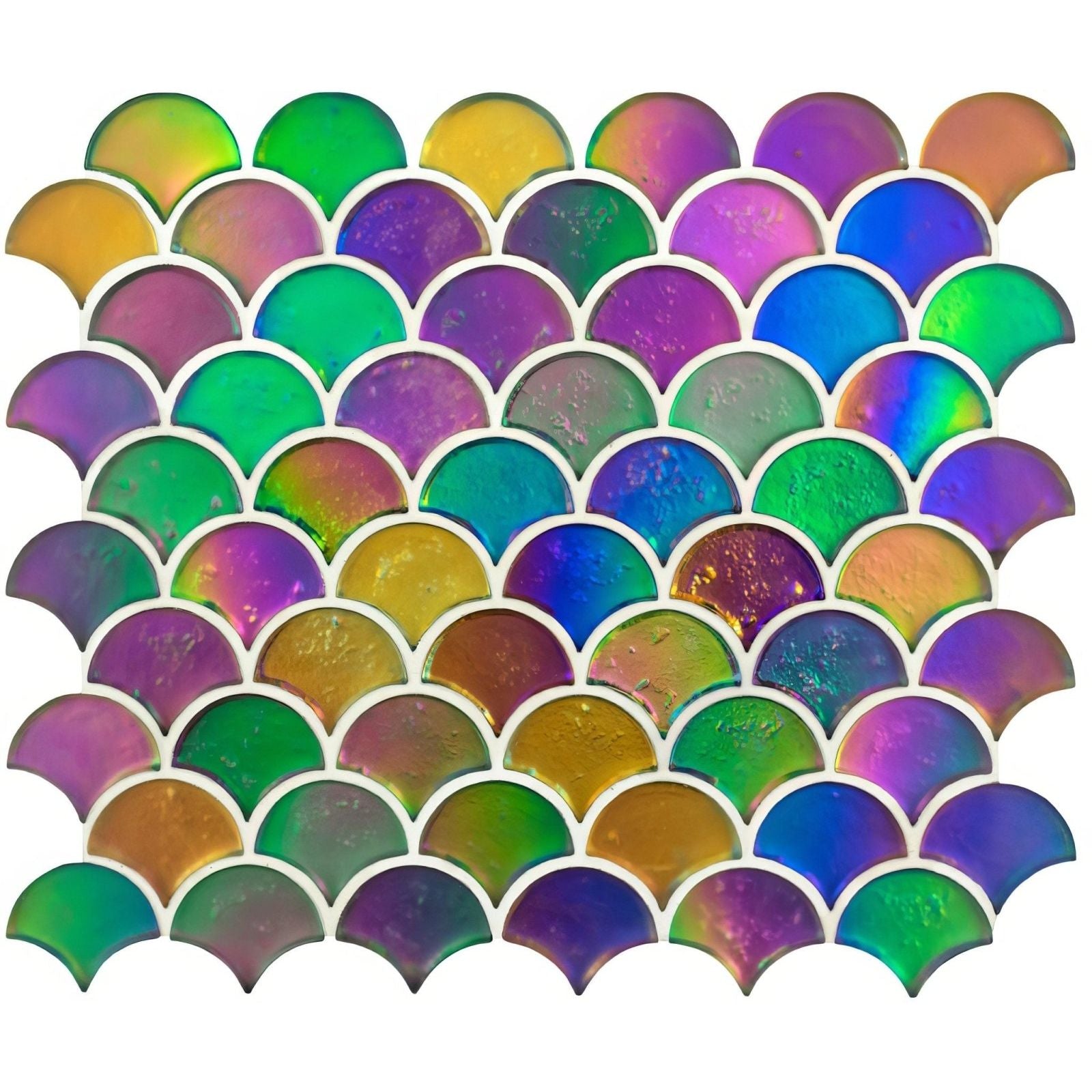 Aqua scale clear mosaic vibrant iridescent fish-scale tiles in greens purples blues and golds for decorative use