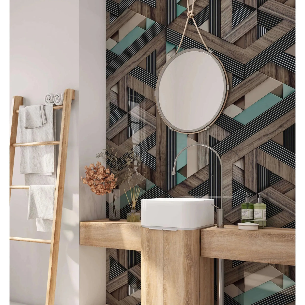 Round mirror with light wood frame hanging above sink in bathroom featuring aqua wooden strips 3d shower panel