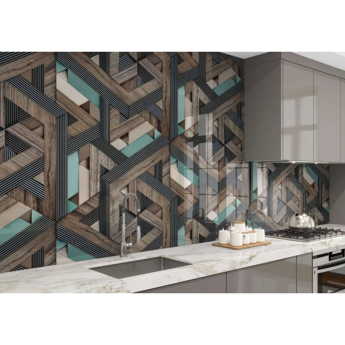 Aqua wooden strips 3d shower panel with geometric patterned backsplash tiles featuring wood-grain and teal accents