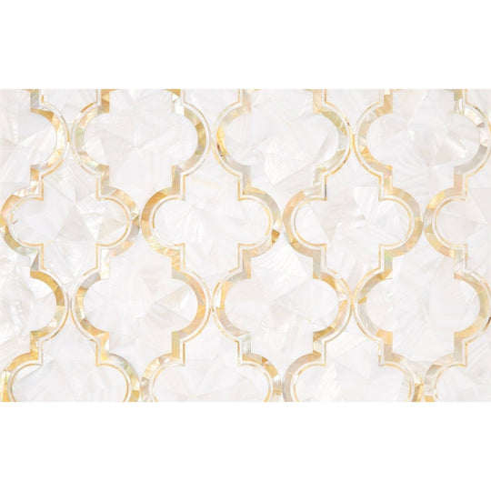 White mosaic tile with gold-toned quatrefoil patterns from arabesque dream gold collection for elegant decor