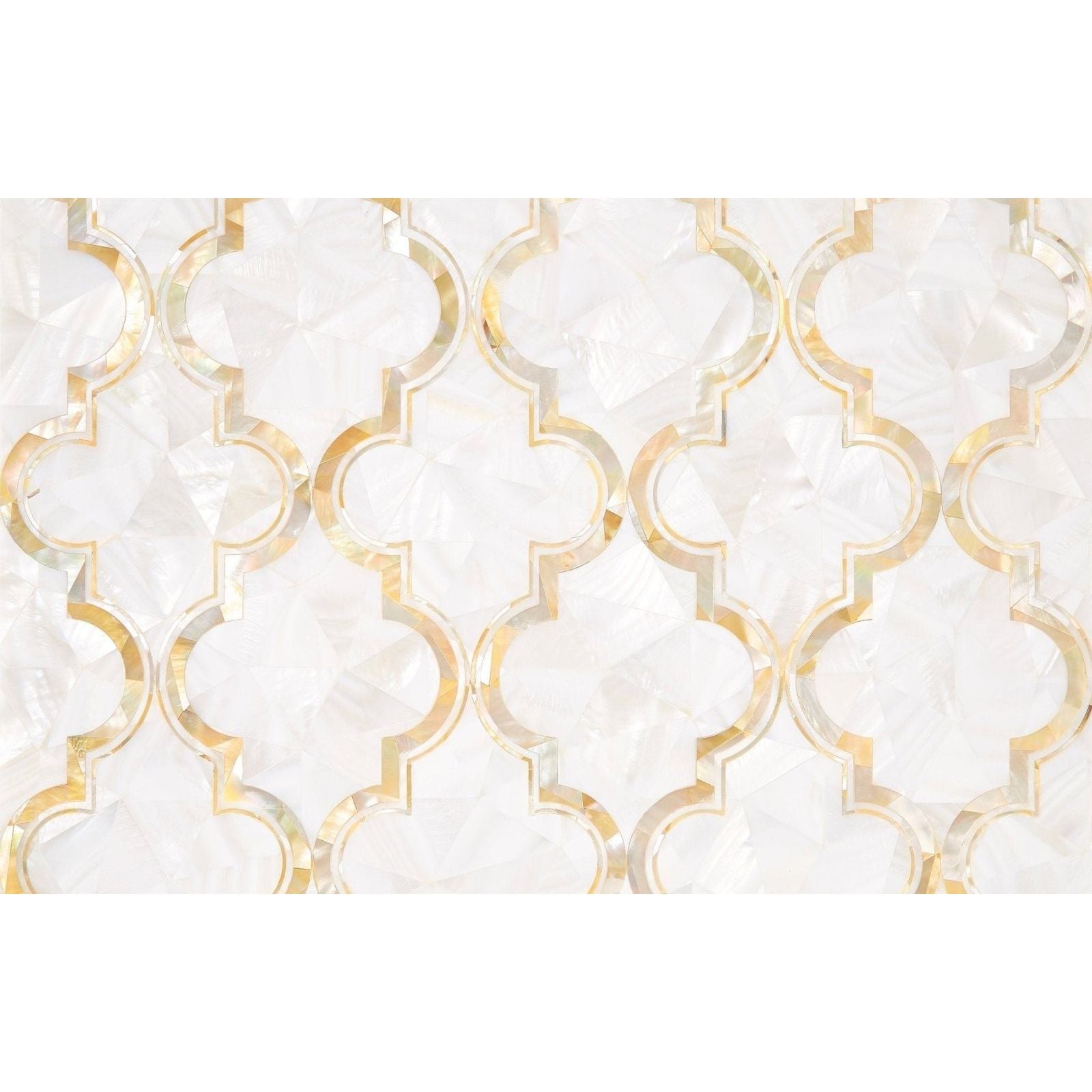 White mosaic tile with gold-toned quatrefoil patterns from arabesque dream gold collection for elegant decor