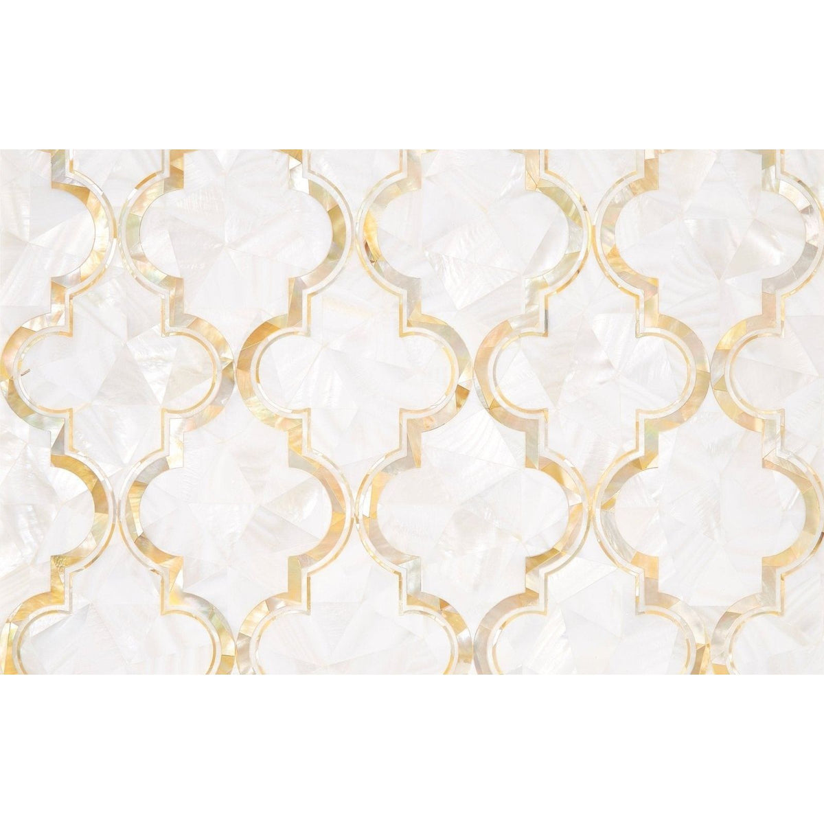 White mosaic tile with gold-toned quatrefoil patterns from arabesque dream gold collection for elegant decor