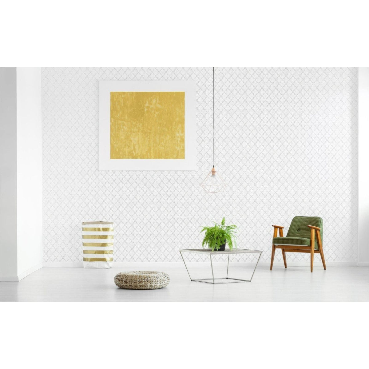 Arabesque Dream Silver white and silver quatrefoil mother-of-pearl mosaic styled with a green upholstered armchair