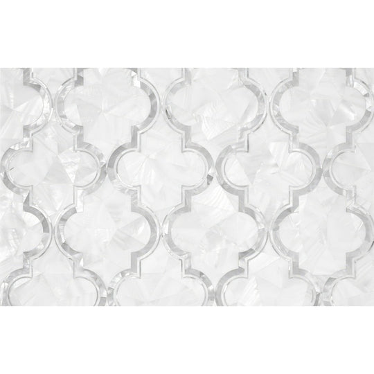 White mosaic tile arabesque dream silver with clear glass border forming an intricate quatrefoil pattern