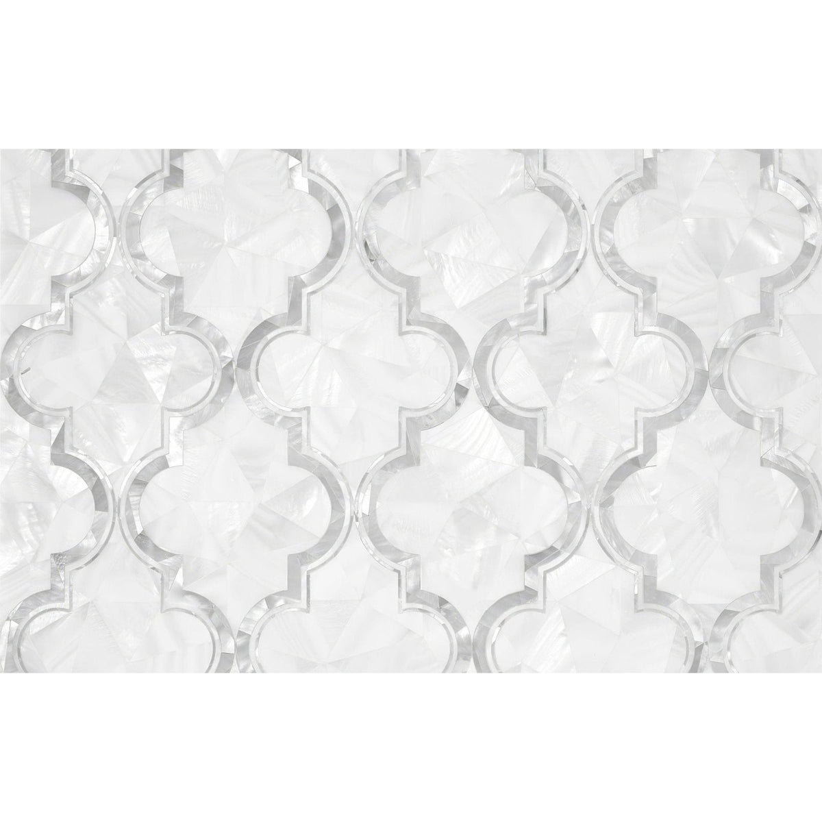 White mosaic tile arabesque dream silver with clear glass border forming an intricate quatrefoil pattern