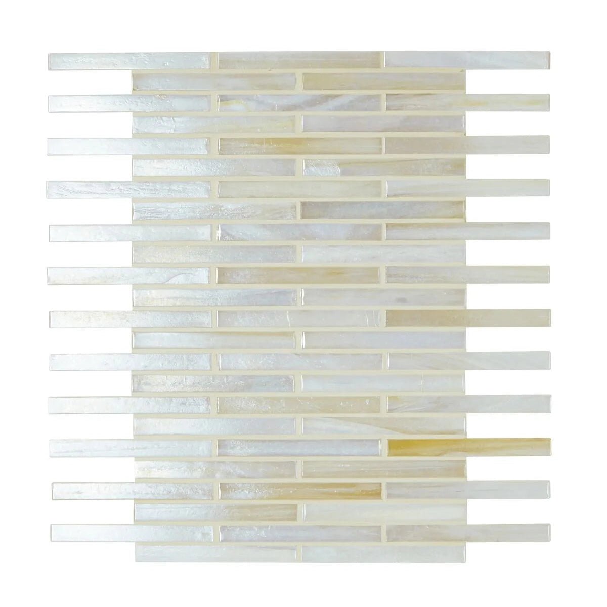 A sleek arabian sea pasni glass mosaic tile panel with horizontal lustrous white and creamy beige strips