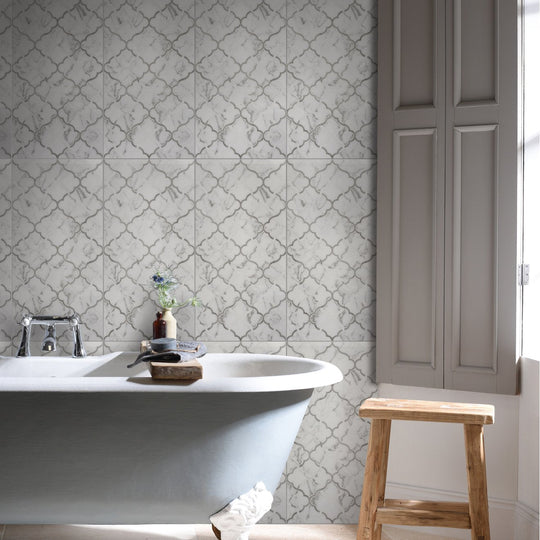 White marble patterned Palazzo Arabo wall tiles 60x30cm with subtle gray veining and geometric lattice design