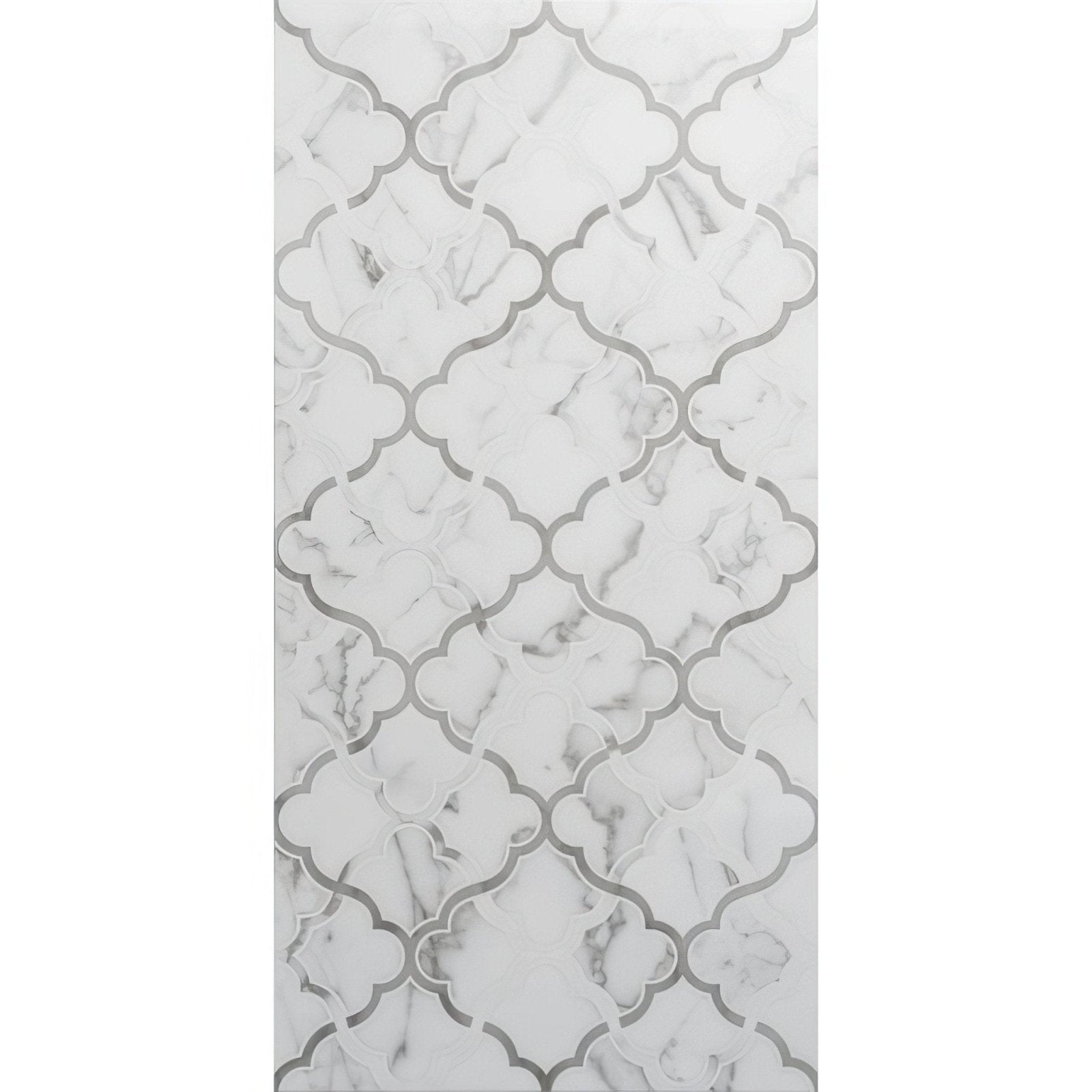 White marble mosaic tile palazzo arabo 60x30cm with repeating quatrefoil pattern outlined in metallic silver grout