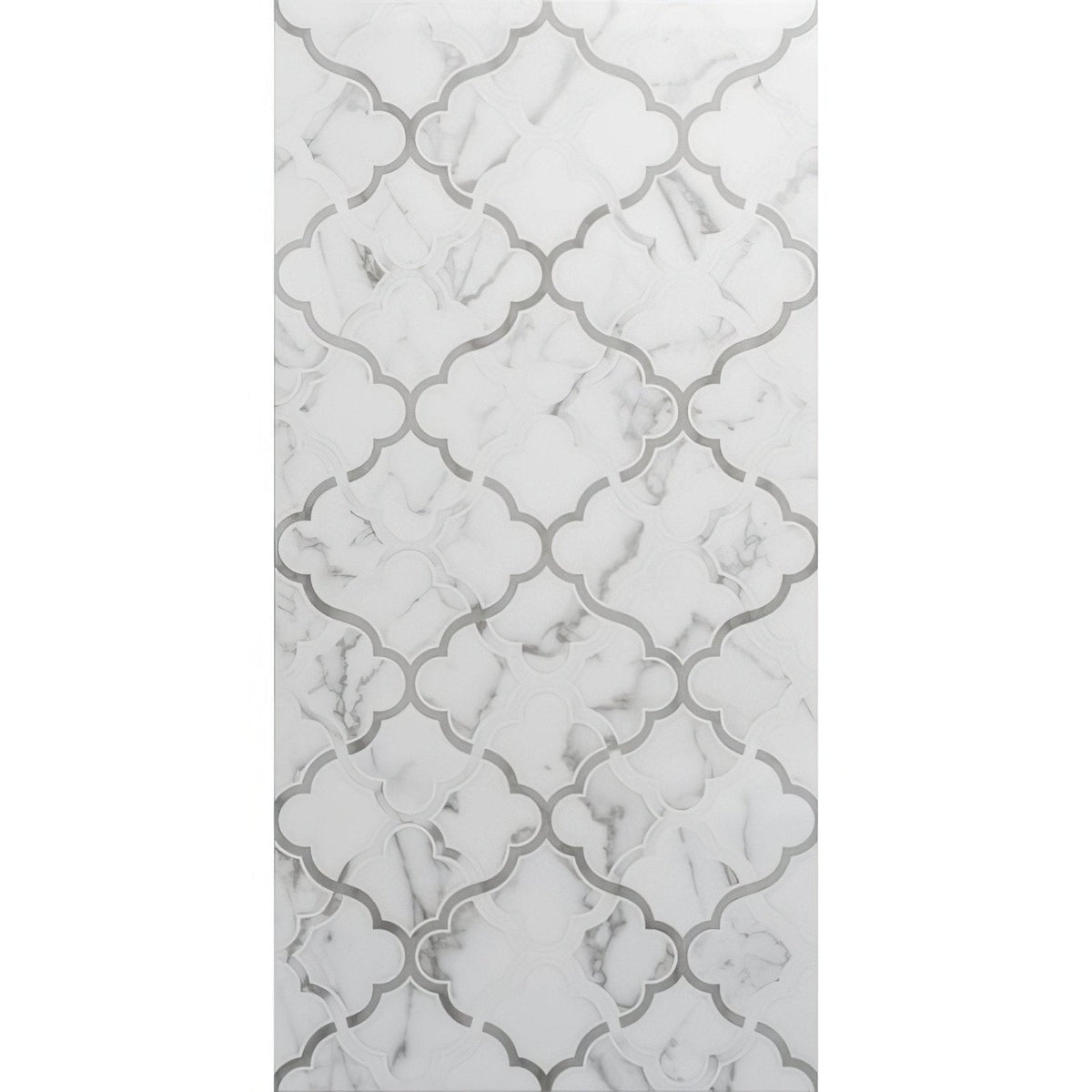 White marble mosaic tile palazzo arabo 60x30cm with repeating quatrefoil pattern outlined in metallic silver grout