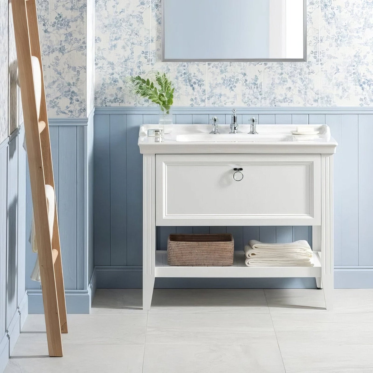 White arbour blossom 60x30cm vanity with rectangular sink silver faucets single drawer circular handle towels basket shelf