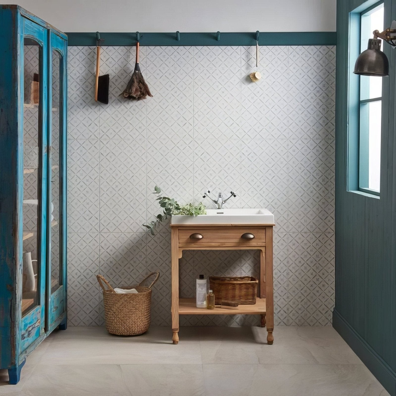 Light wood vanity with white ceramic sink and brass hardware in arbour lattice 60x30cm design