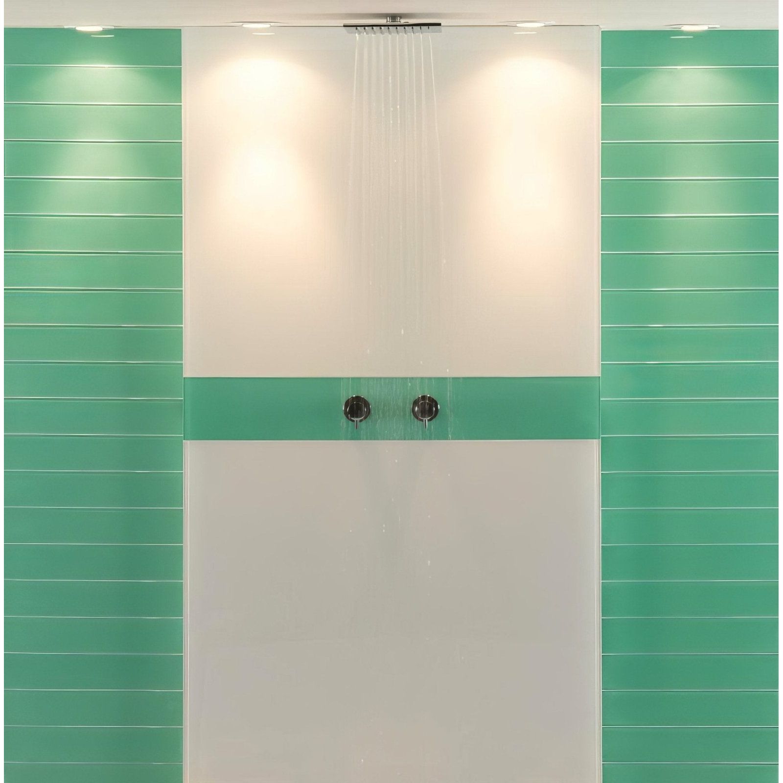 Modern arctic 750x600 splashback with sleek chrome showerhead mounted on frosted glass and vibrant green tiles