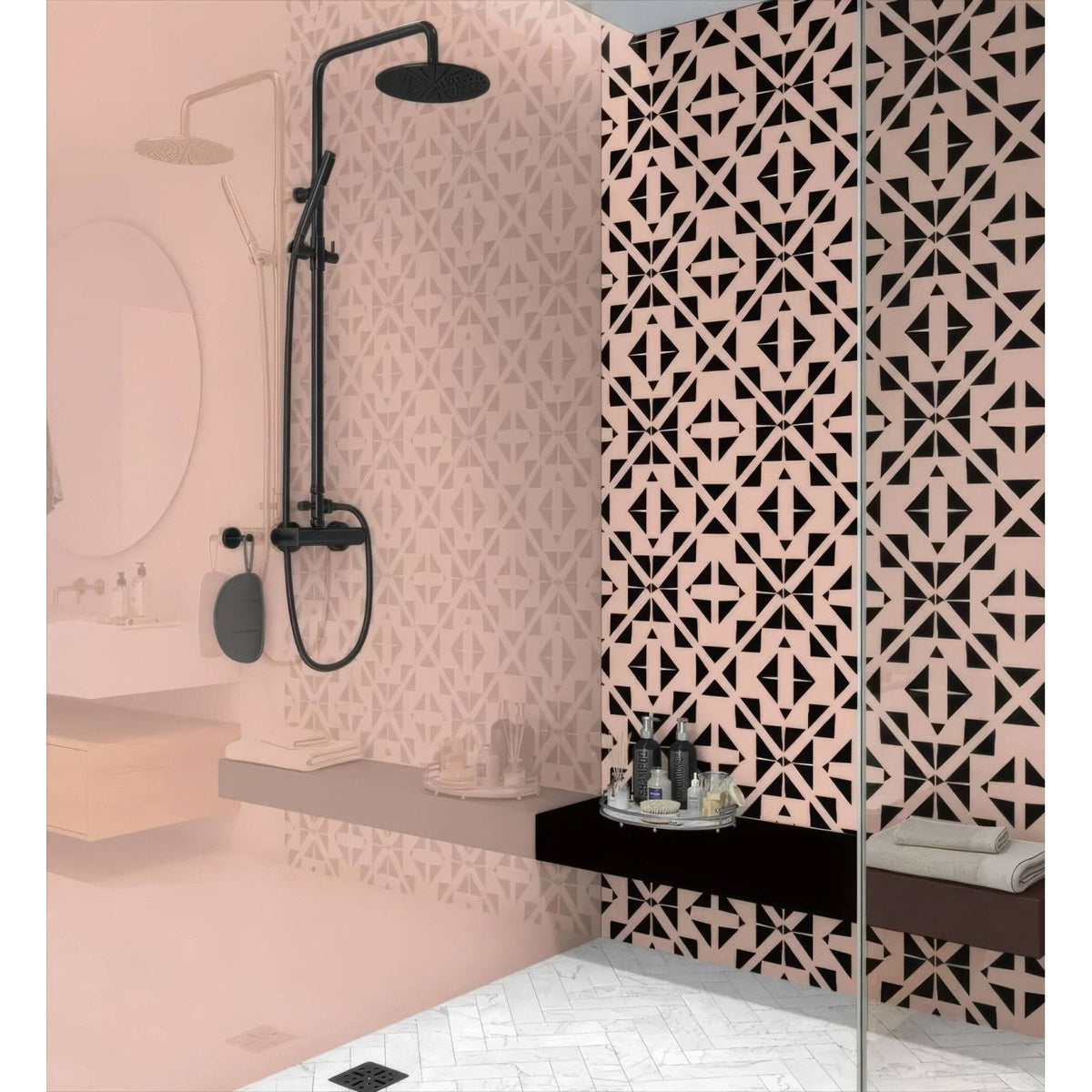 Art deco aztec black pink shower panel with black matte finish showerhead and curved arm circular spray head
