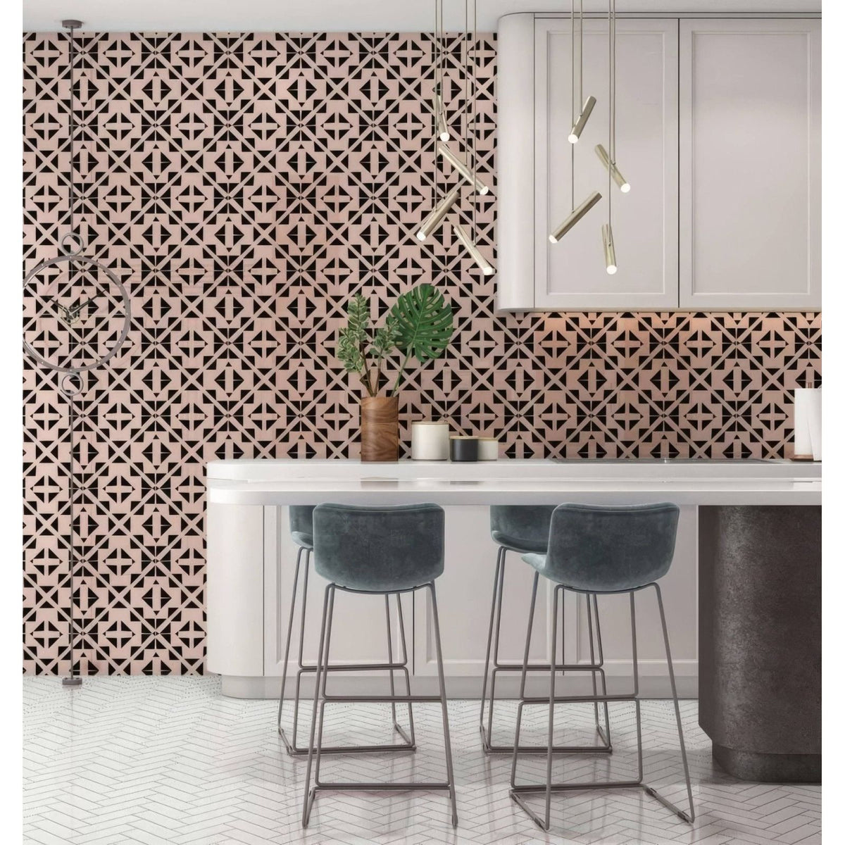 Modern gray velvet bar stools with sleek metal legs complementing the art deco aztec black pink shower panel