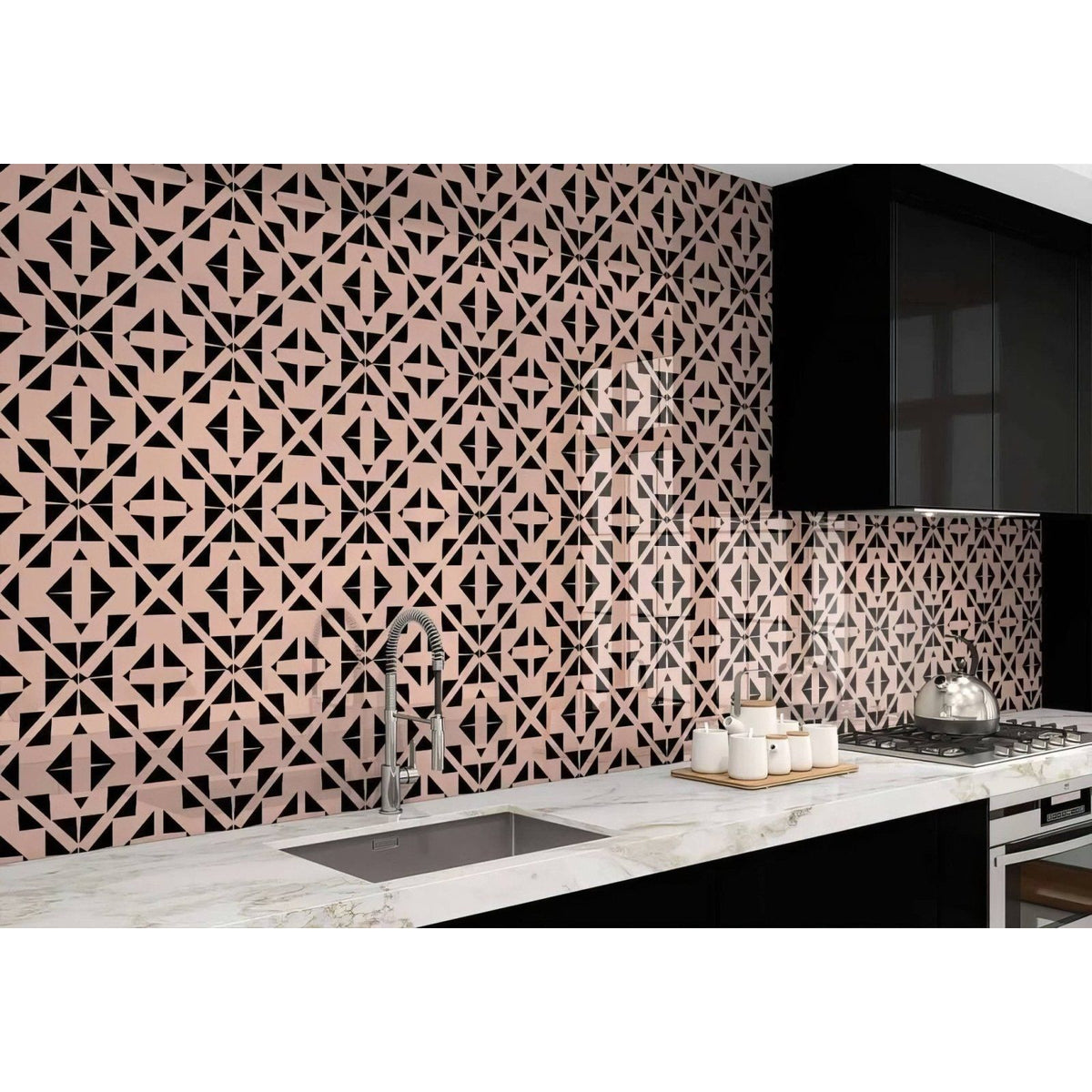 Pink and black geometric patterned kitchen backsplash tiles for art deco aztec black pink shower panel design