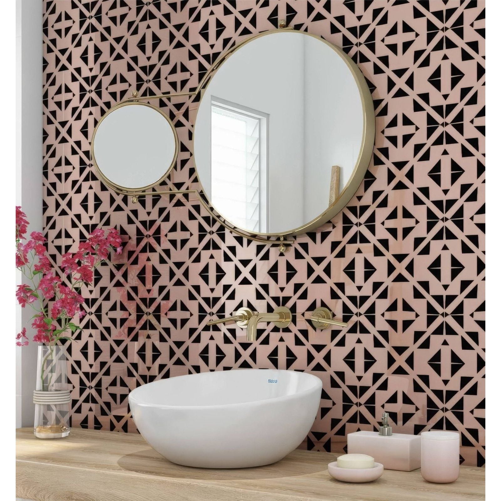 White ceramic vessel sink with gold-toned faucet fixtures featured in art deco aztec black pink shower panel product