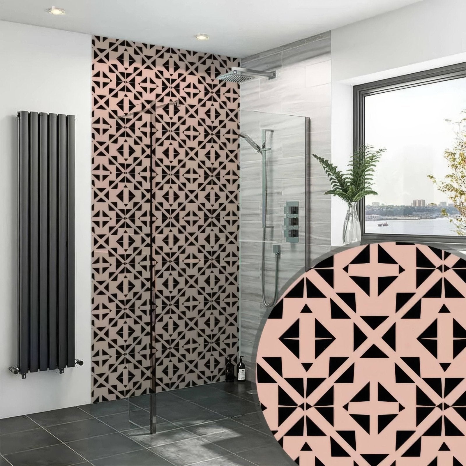Art Deco Aztec black and pink geometric patterned bathroom wall sticker for shower panel decoration