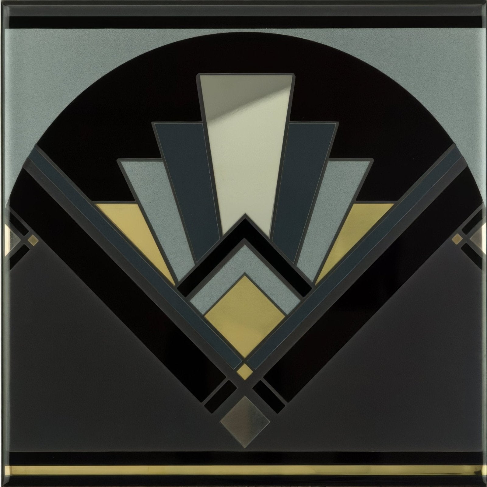 Art Deco Black Fan With Real Platinum and Gold on Black – pattern detail
