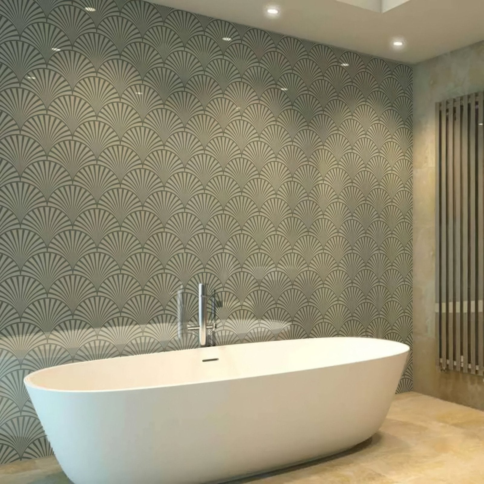 White freestanding bathtub with sleek modern design and chrome faucet featured with art deco decorative fan shower panel