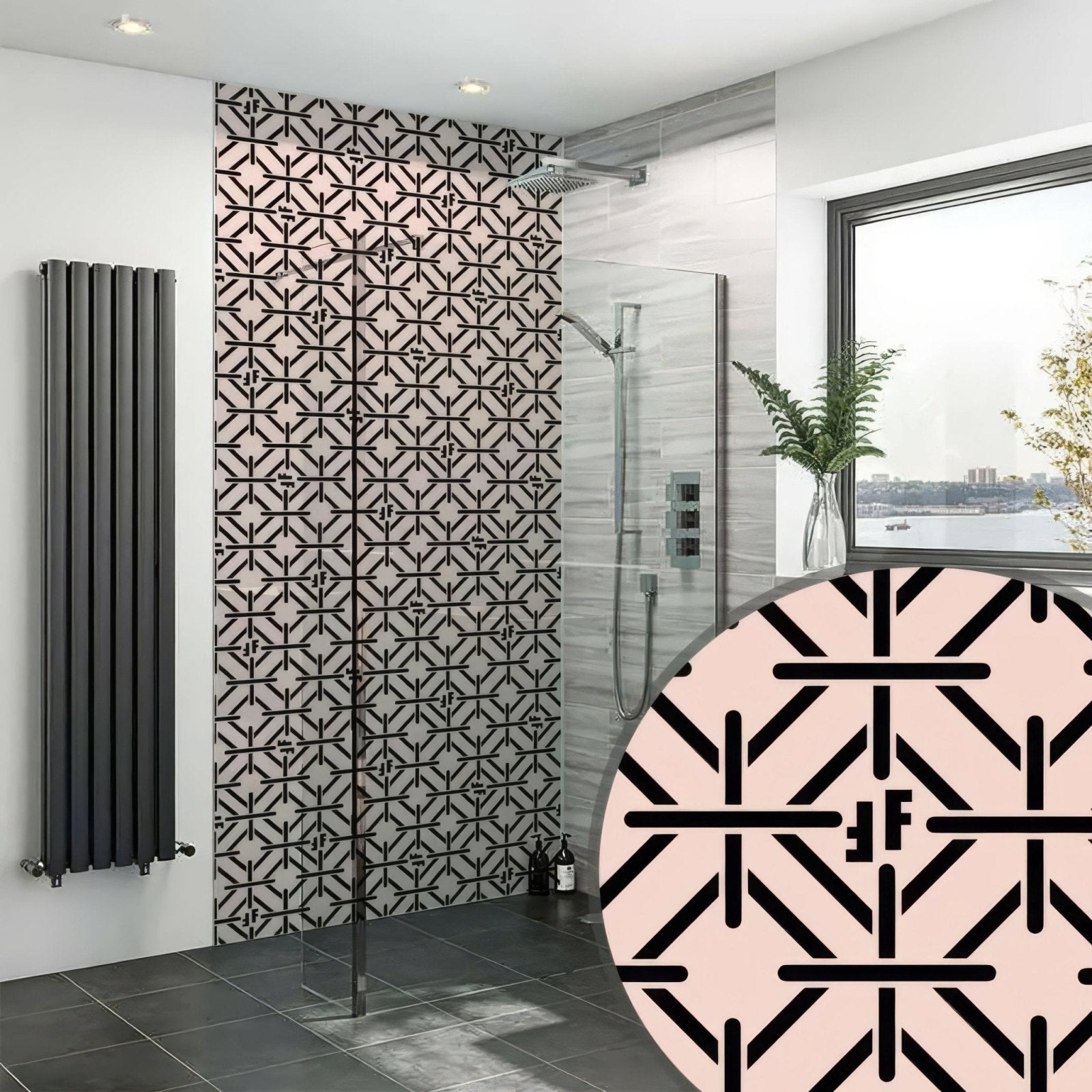 Black and blush pink geometric patterned bathroom wall tiles with modern starburst design for art deco shower panel