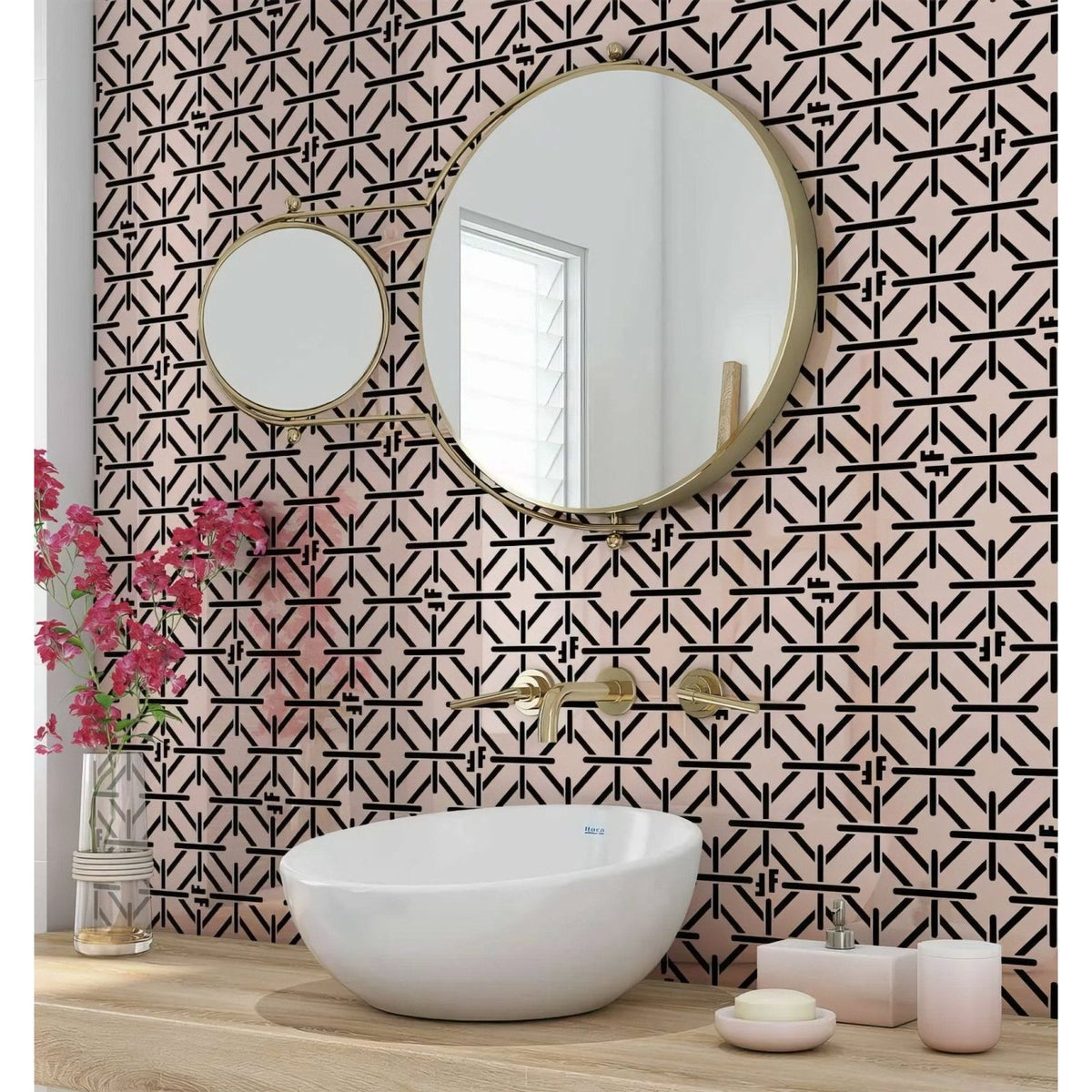 White ceramic vessel sink with sleek modern design and rounded edges in art deco fashion pink black shower panel