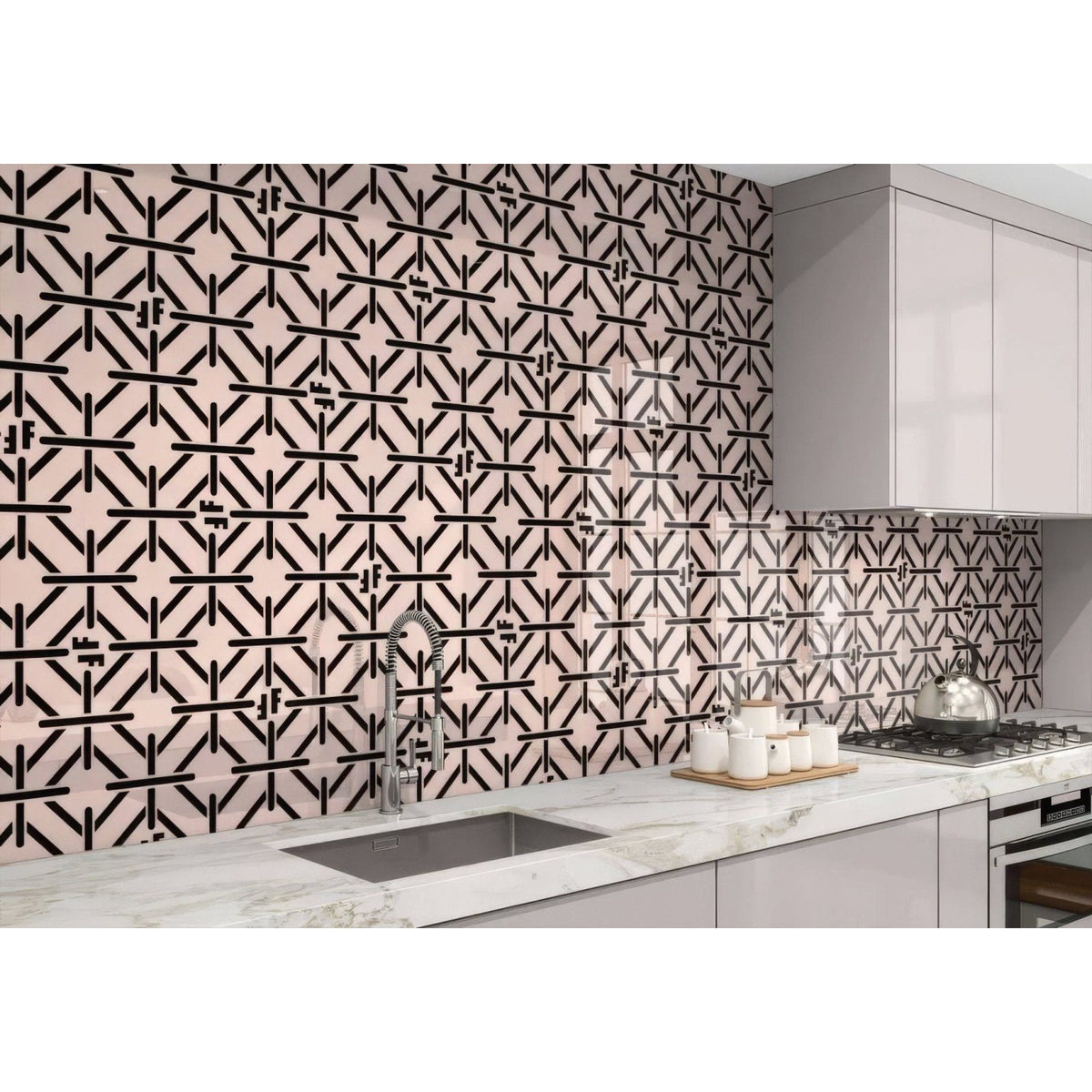 Art deco fashion pink black shower panel featuring black and blush pink geometric patterned glass backsplash tiles