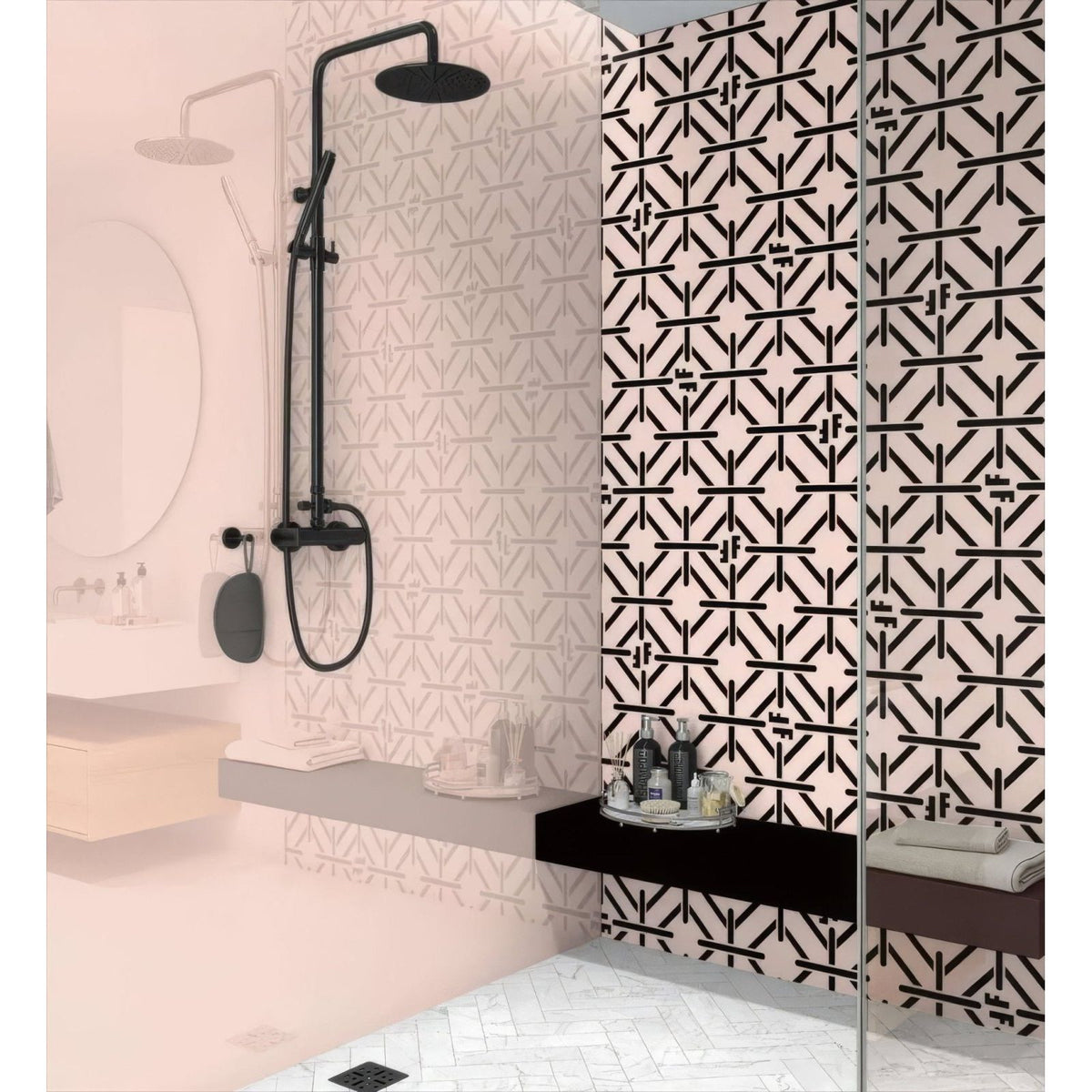 Black matte finished art deco fashion pink black shower panel with curved hose and fixtures on geometric tiled wall