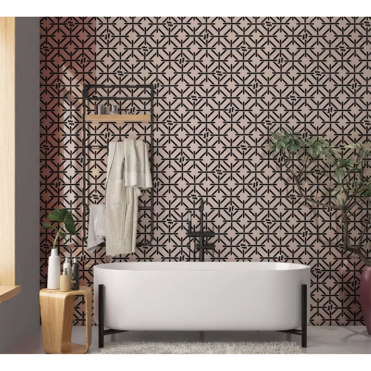 Modern white freestanding bathtub with sleek black metal legs and matching faucet against geometric wallpaper