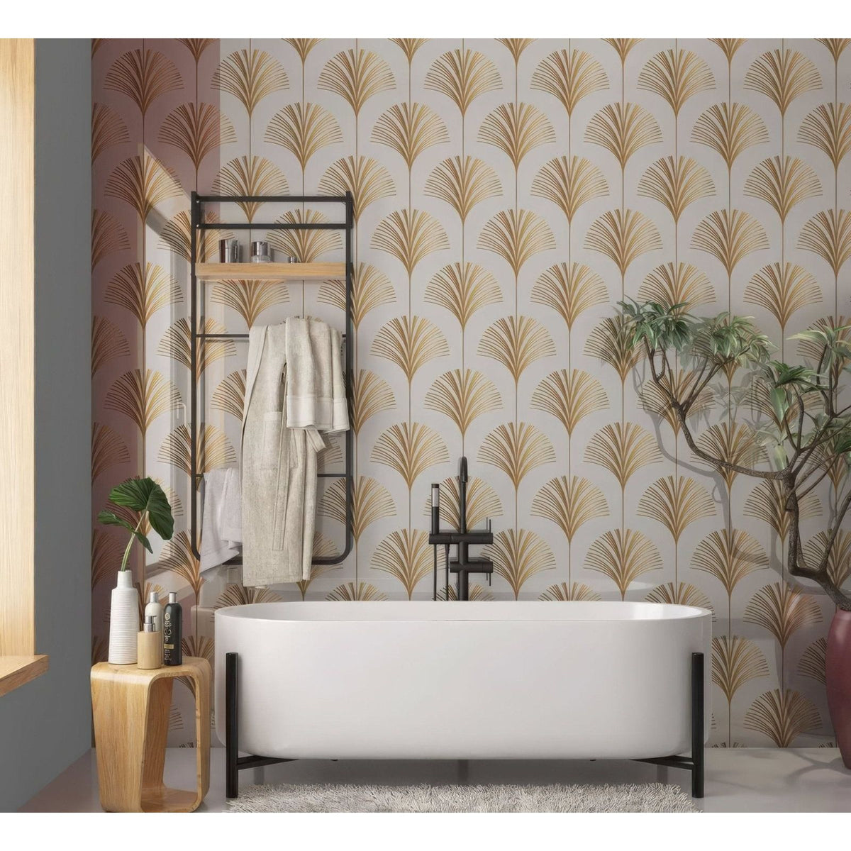 Modern freestanding white ceramic bathtub with minimalist black metal legs featured with art deco palm martini shower panel