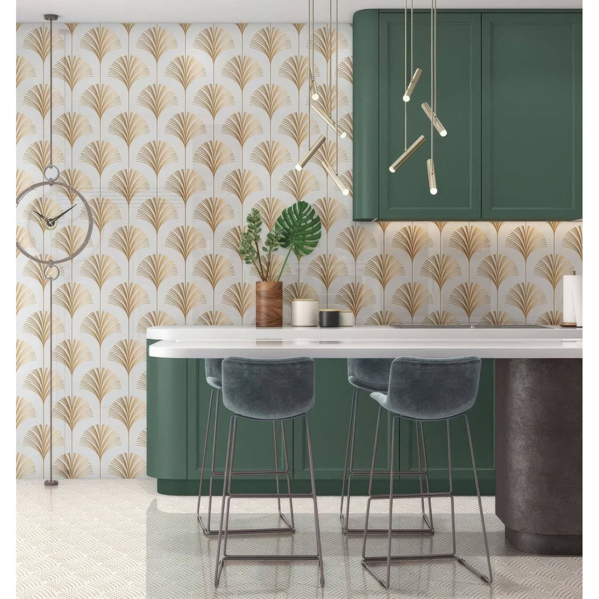 Dark green kitchen cabinets with sleek modern paneling and metallic hardware in art deco palm martini shower panel setup