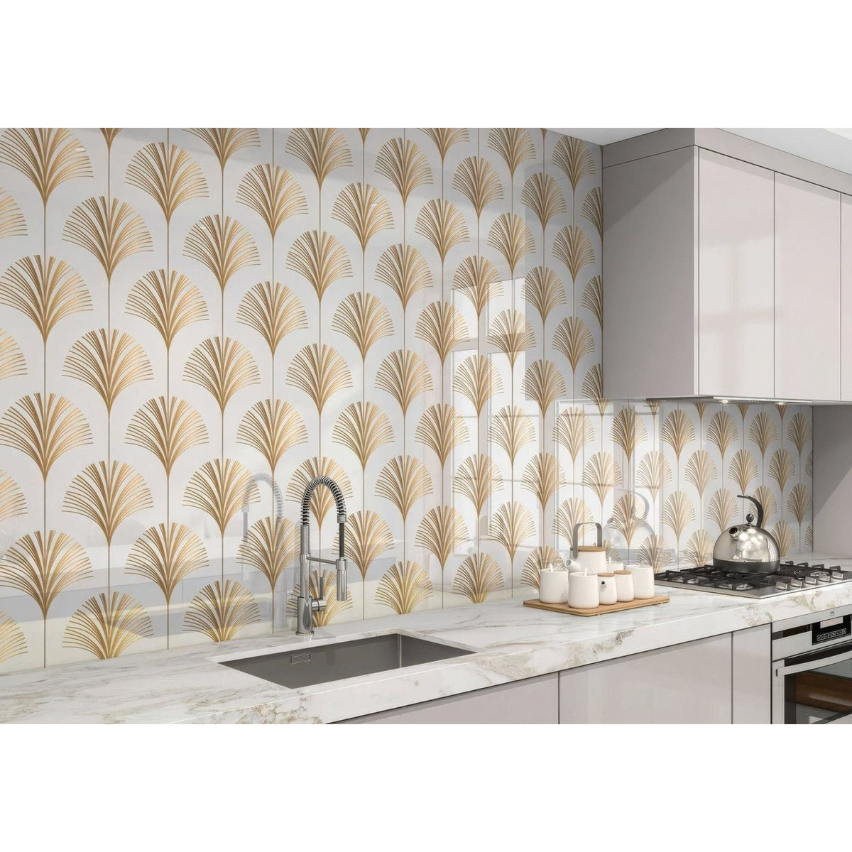 Gold-flecked fan-shaped tiles on kitchen backsplash complement art deco palm martini shower panel design