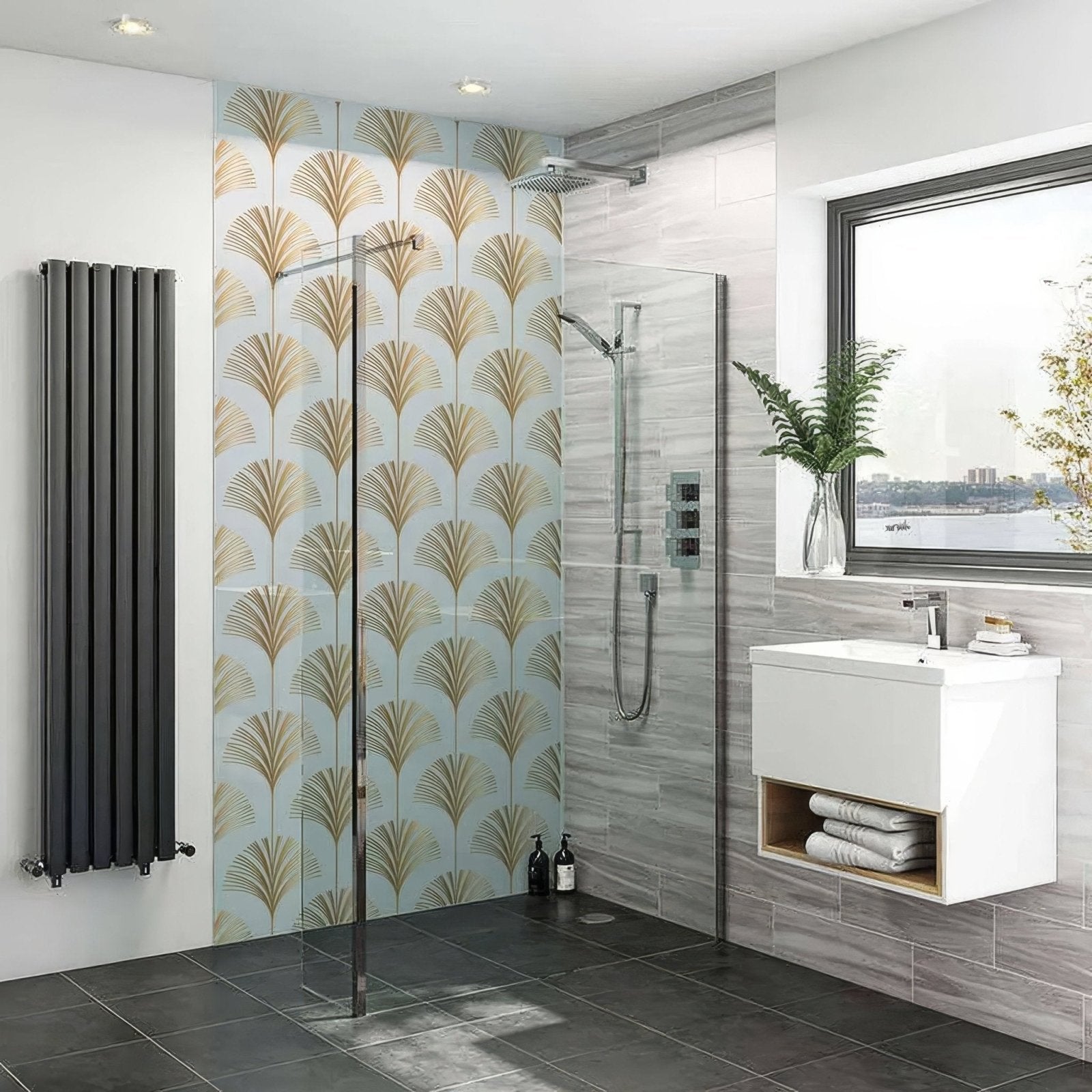 Modern white wall-mounted vanity with wooden shelf and folded towels below art deco palm martini shower panel