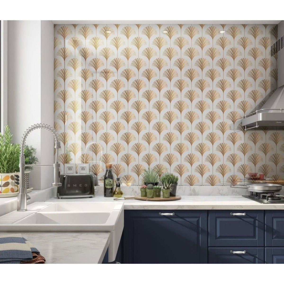 Art deco palm martini shower panel with gold-toned fan-shaped kitchen backsplash on cream background