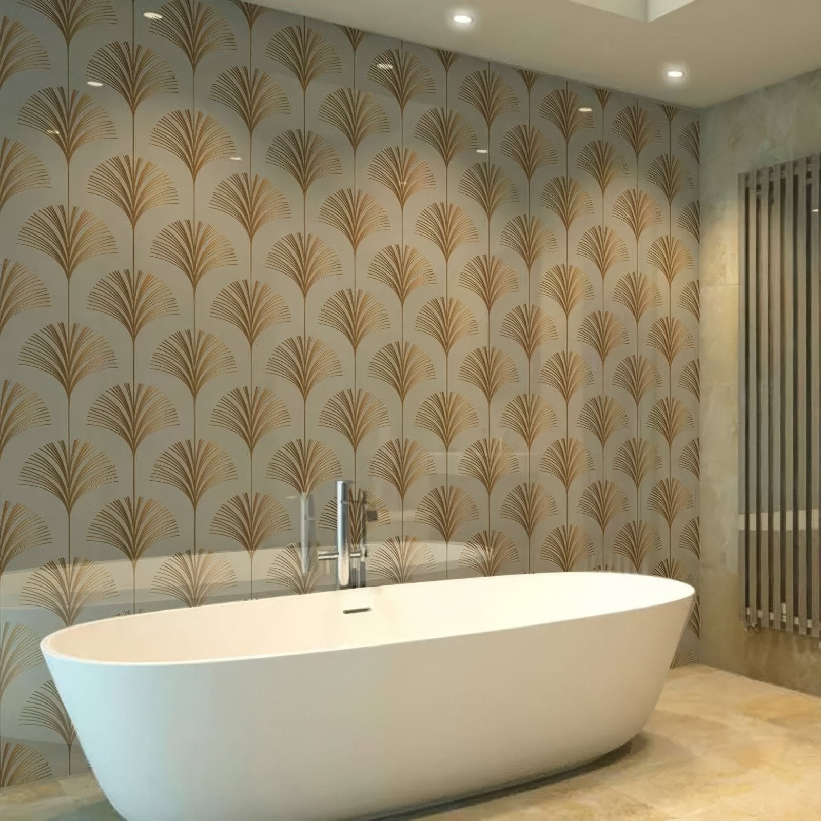 White freestanding bathtub with sleek modern design and smooth glossy surface in art deco palm martini shower panel set