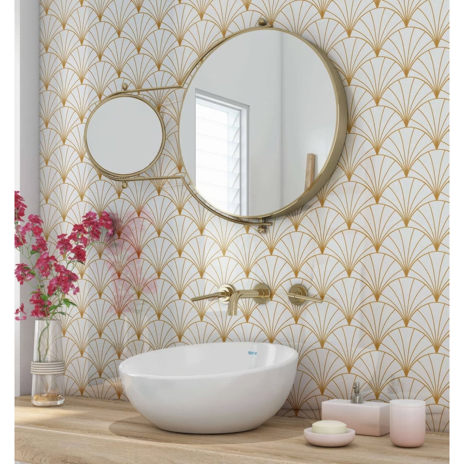 Gold-framed round wall-mounted art deco sunrise fan mirror with smaller magnifying mirror on articulated arm