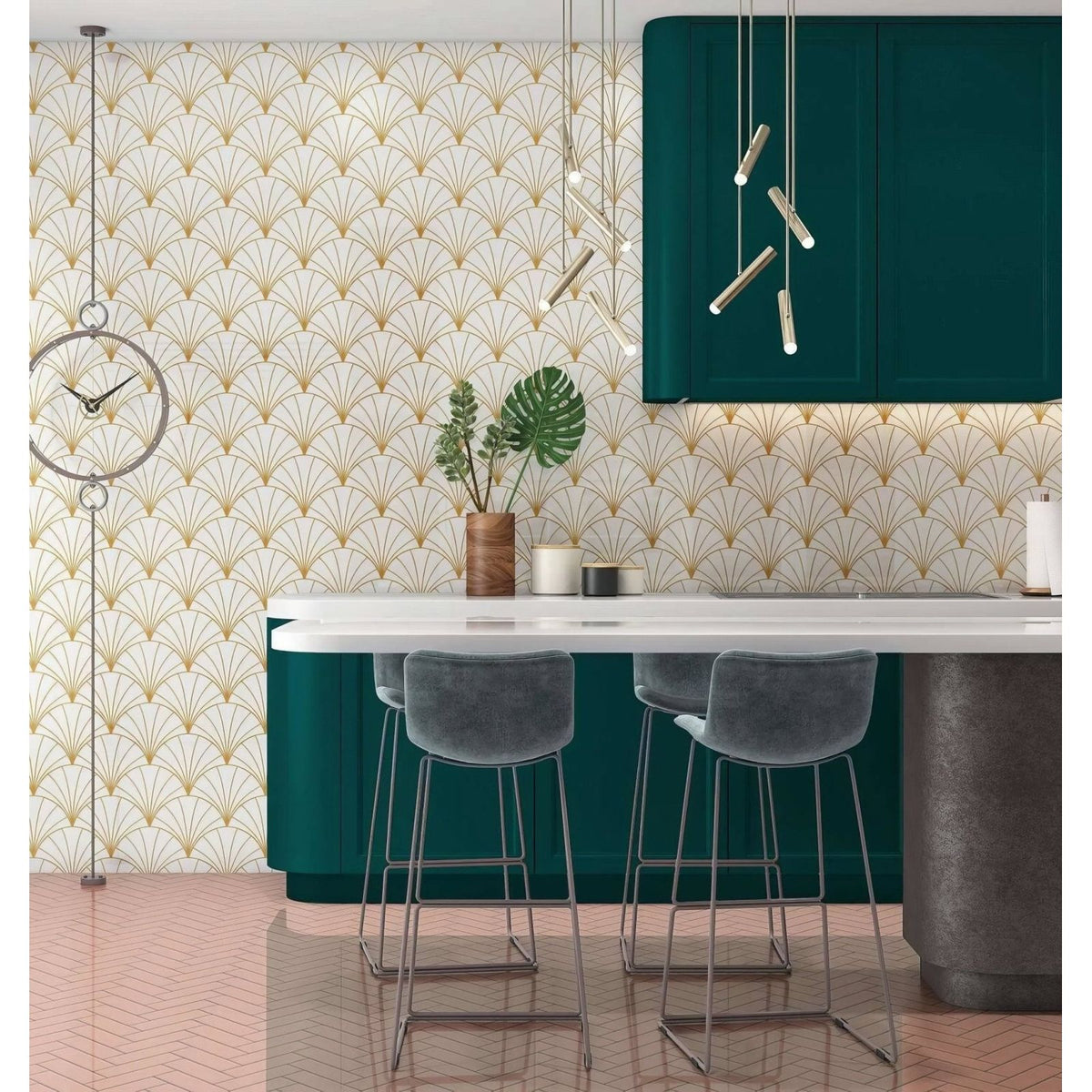 Teal green kitchen cabinets with sleek modern design and metallic hardware complementing art deco sunrise fan shower panel