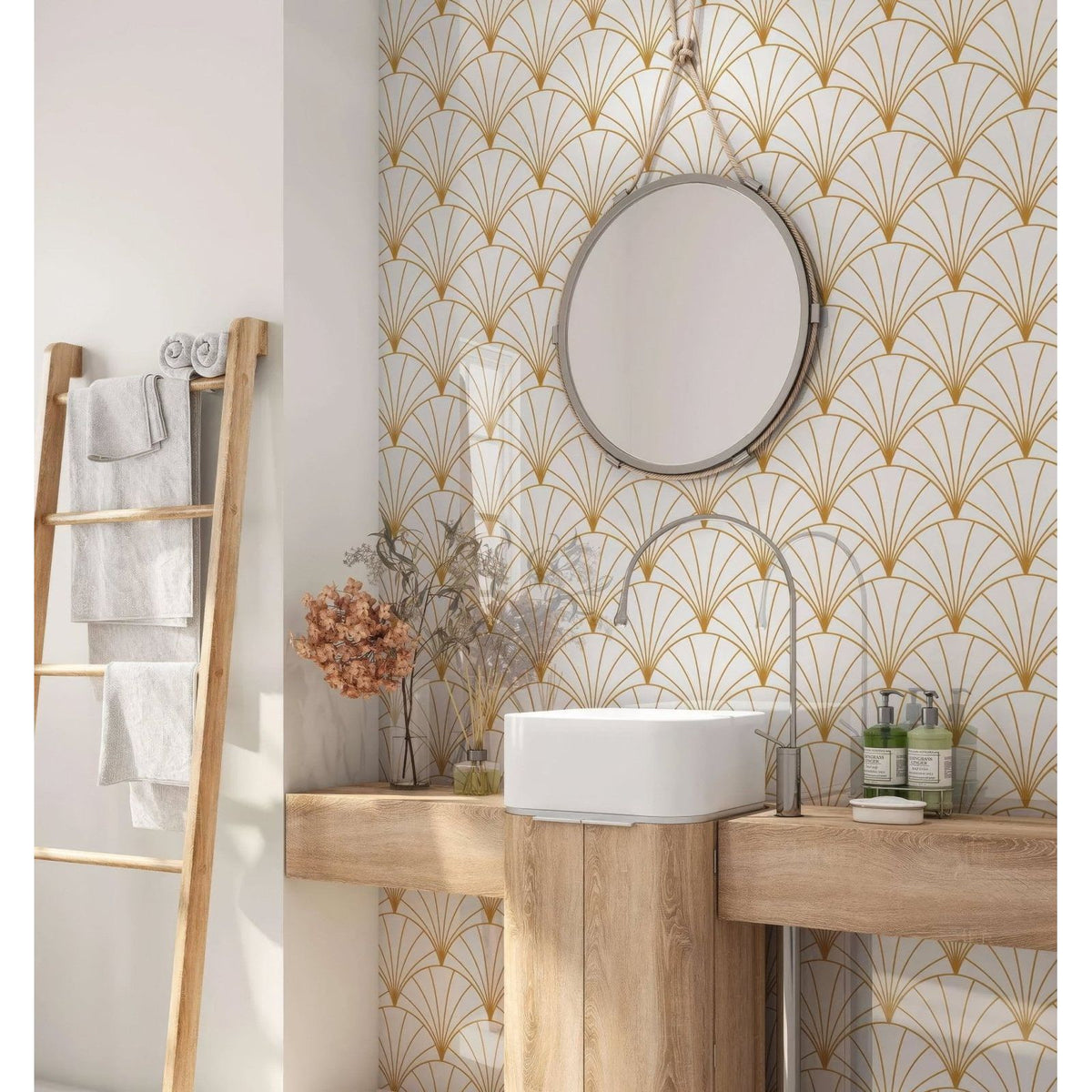 White ceramic vessel sink with sleek modern design on light wood vanity in art deco sunrise fan shower panel setting