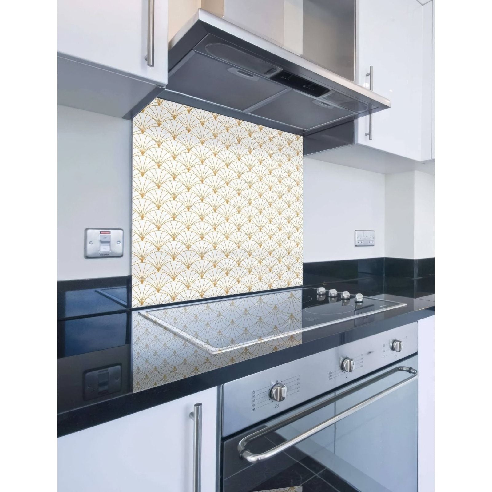 Gold and cream-colored fan-shaped patterned glass kitchen backsplash from art deco sunrise fan shower panel
