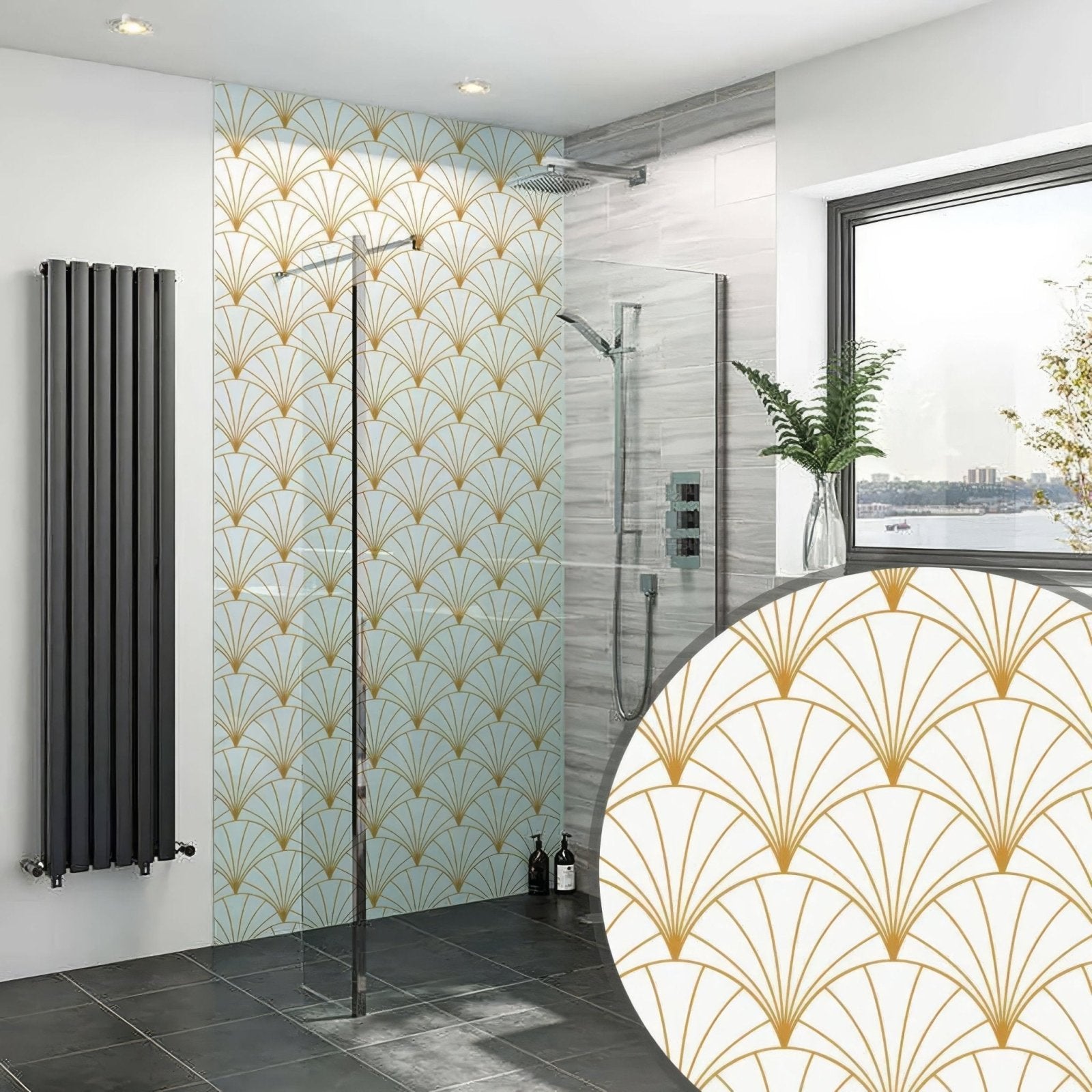 Art deco sunrise fan shower panel with gold and white patterned bathroom wall panel in art deco style