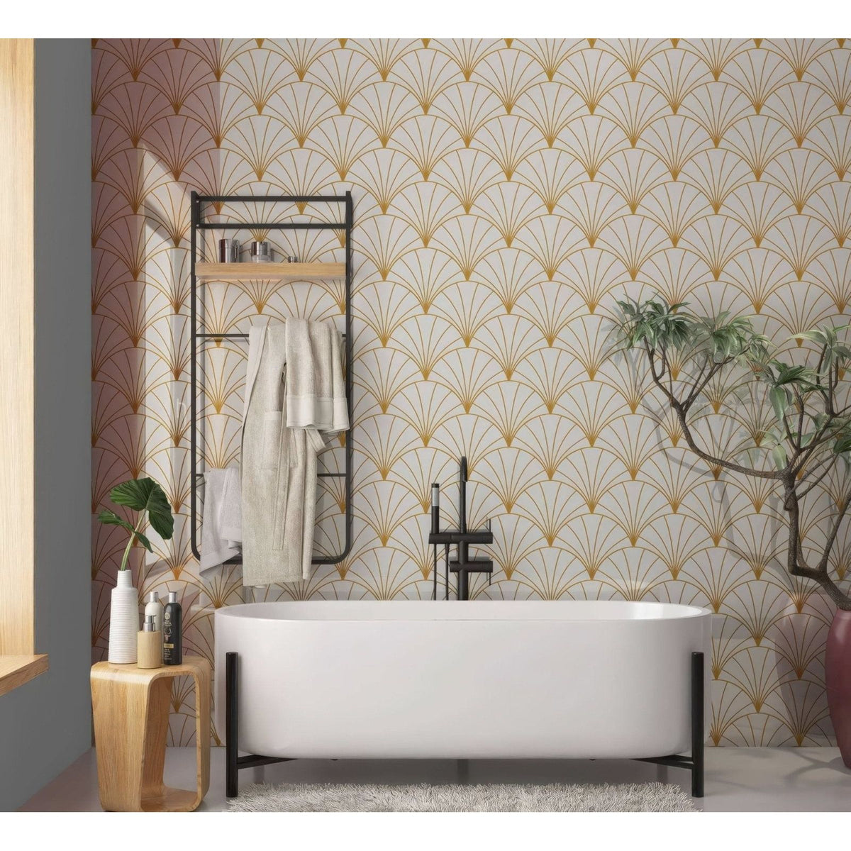 White freestanding bathtub with black metal legs and modern faucet featured with art deco sunrise fan shower panel