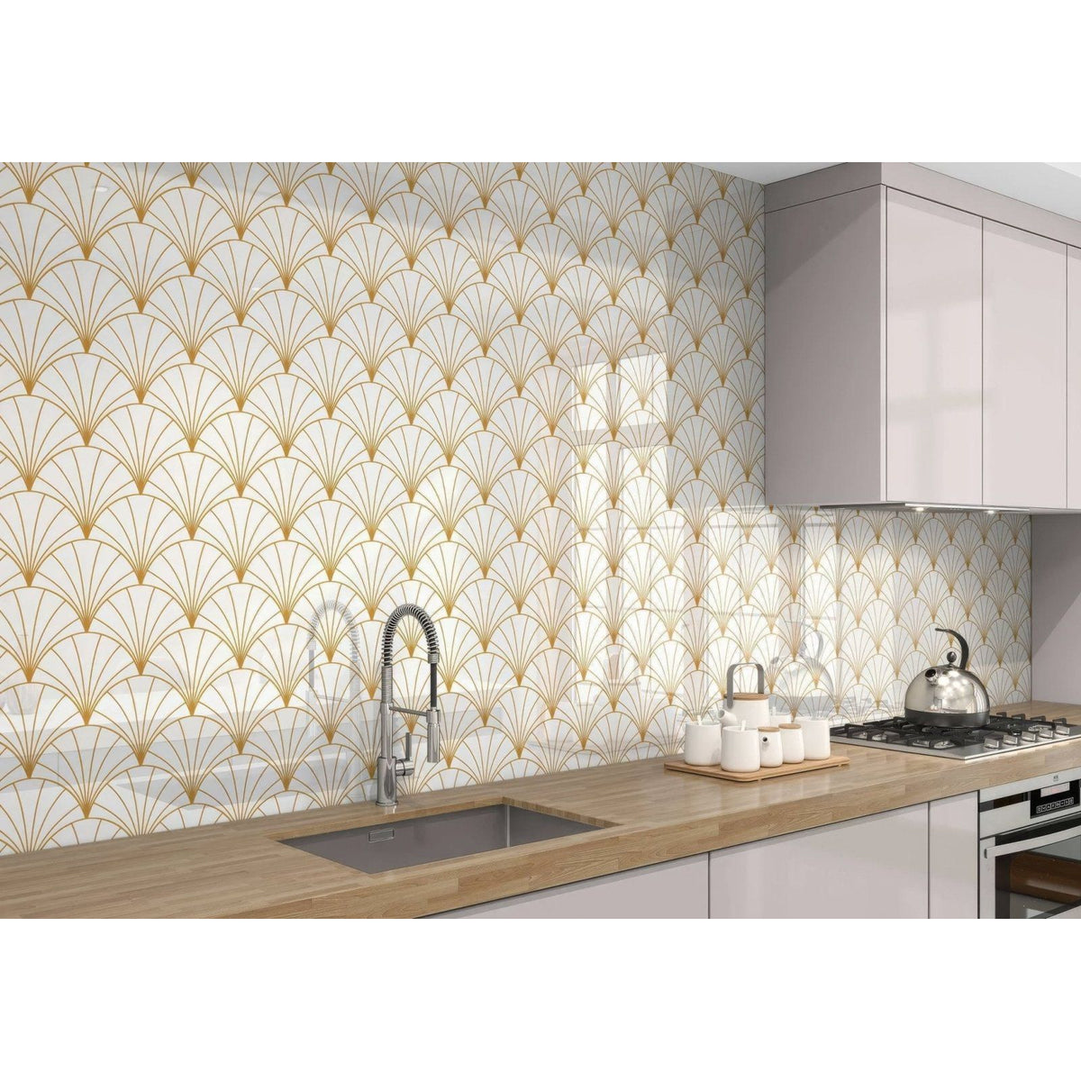 Gold and white fan-shaped mosaic tile backsplash in art deco sunrise fan shower panel design