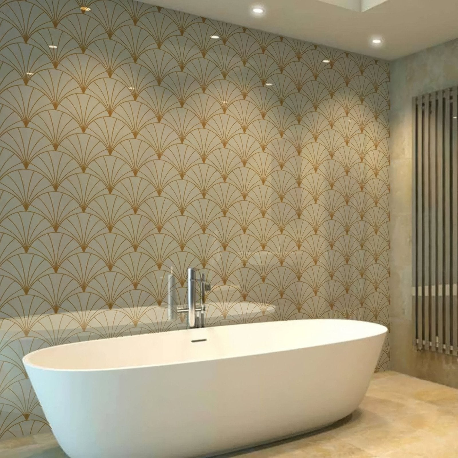 White freestanding bathtub with sleek modern design and chrome faucet featured with art deco sunrise fan shower panel