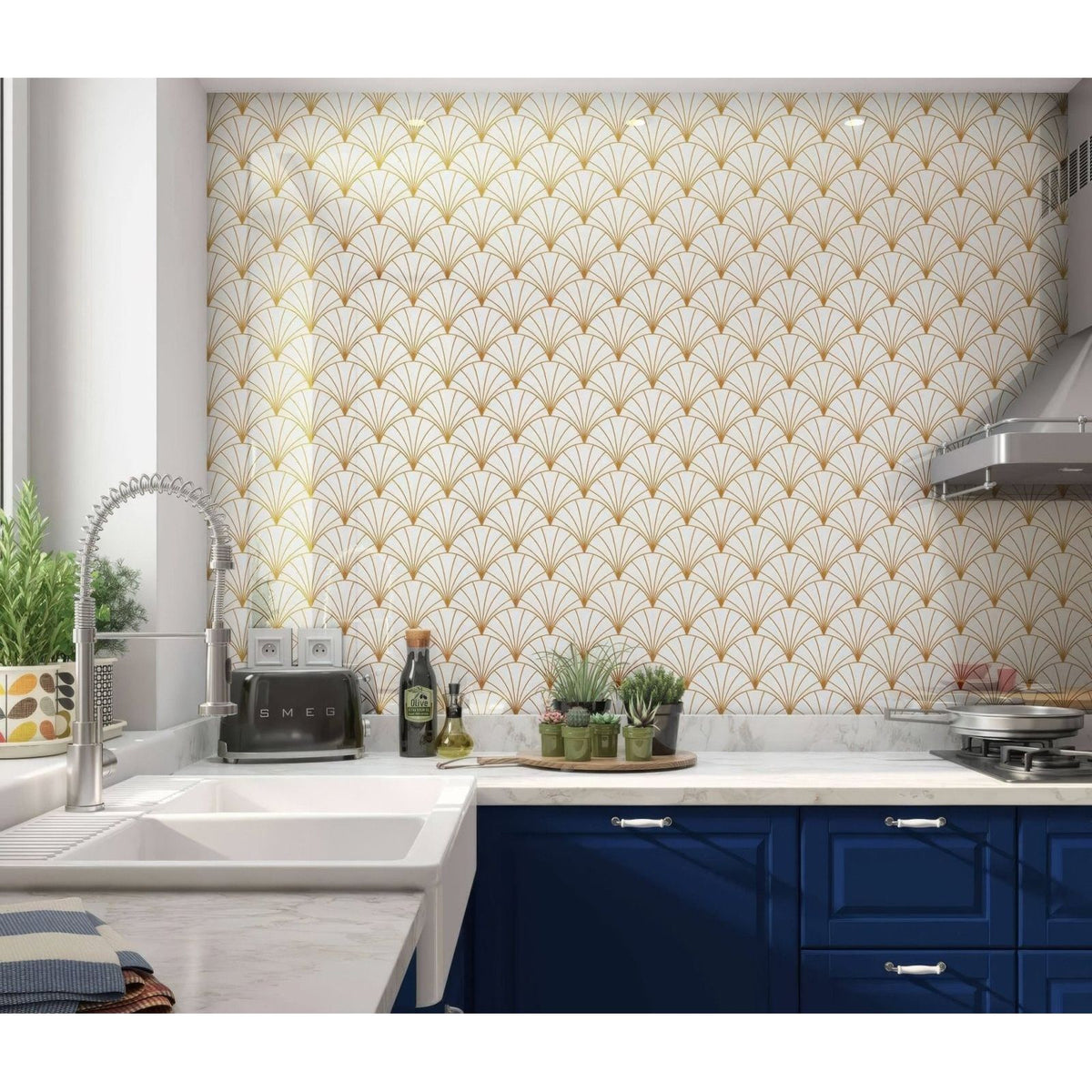 Art deco sunrise fan shower panel with gold and white fan-shaped tiles in an elegant geometric kitchen backsplash pattern