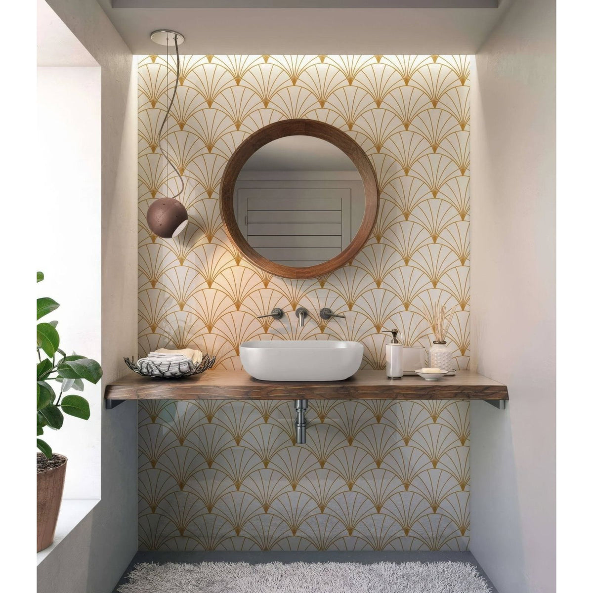 White ceramic vessel sink with sleek modern design on rustic wooden countertop for art deco sunrise fan shower panel
