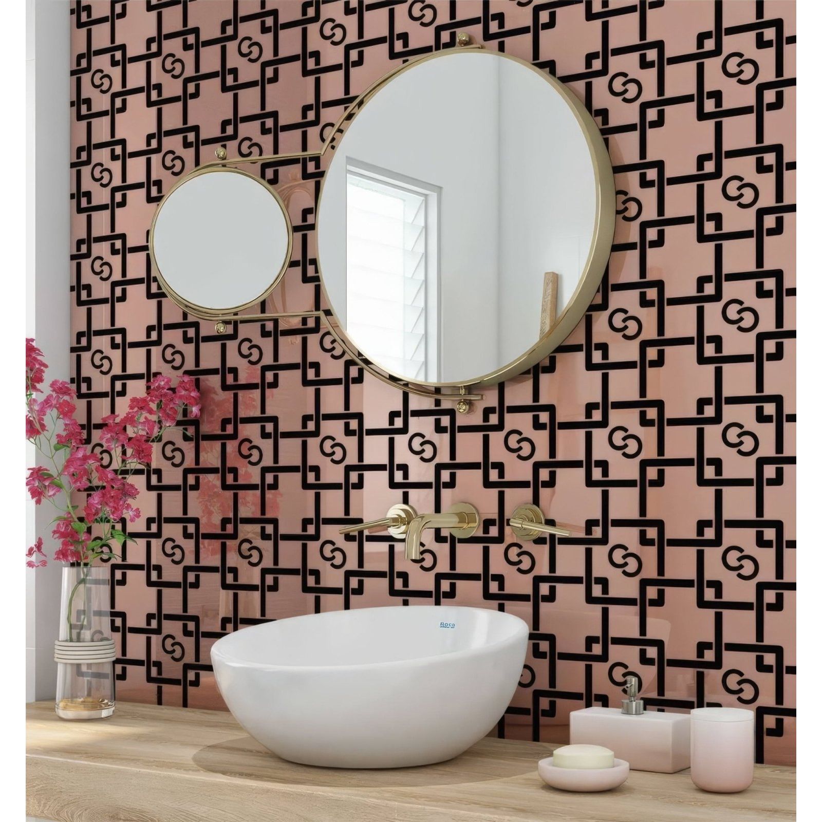 White ceramic vessel sink with sleek modern bowl shape featured in art deco trendsetter shower panel product