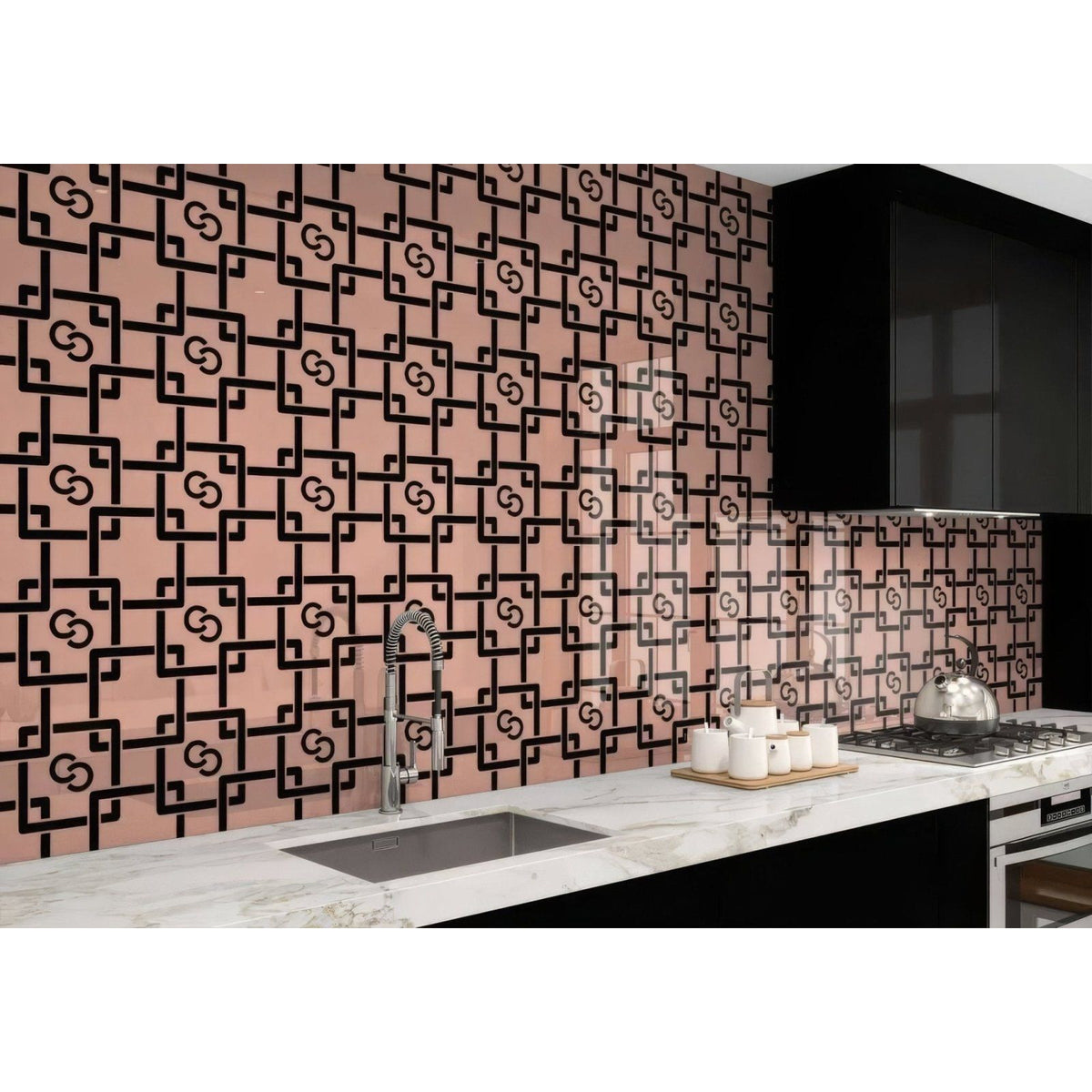 Art deco trendsetter shower panel with pink glass backsplash featuring black interlocking g logos