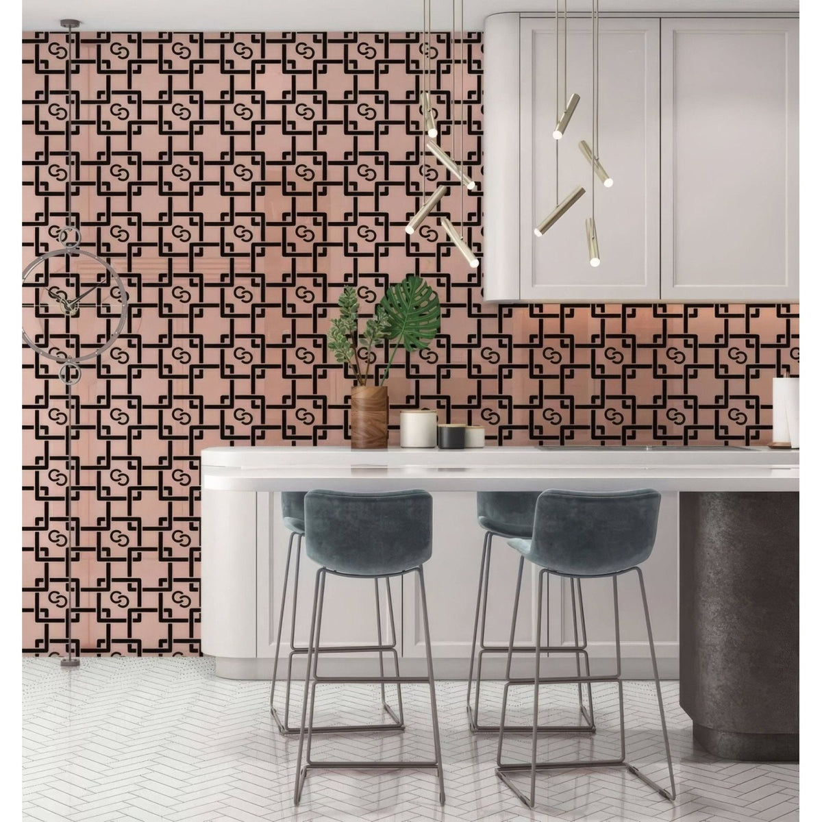 Art Deco Trendsetter shower panel with pink Gucci wallpaper and black interlocking G logo pattern design